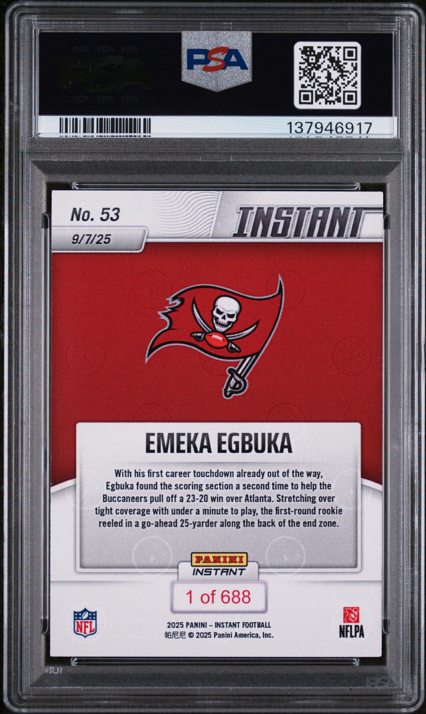 Graded 2025 Panini Instant NFL Emeka Egbuka #53 Rookie RC Football Card PSA 10 Gem Mint - Image 2