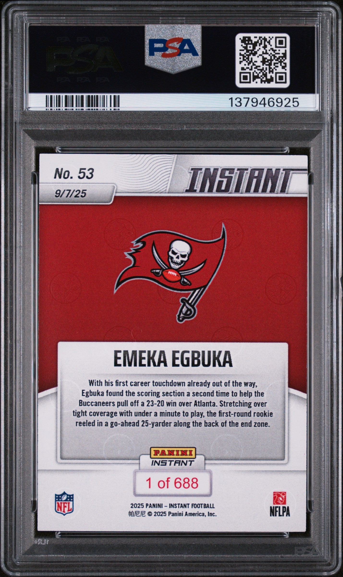 Graded 2025 Panini Instant NFL Emeka Egbuka #53 Rookie RC Football Card PSA 9 Mint - Image 2