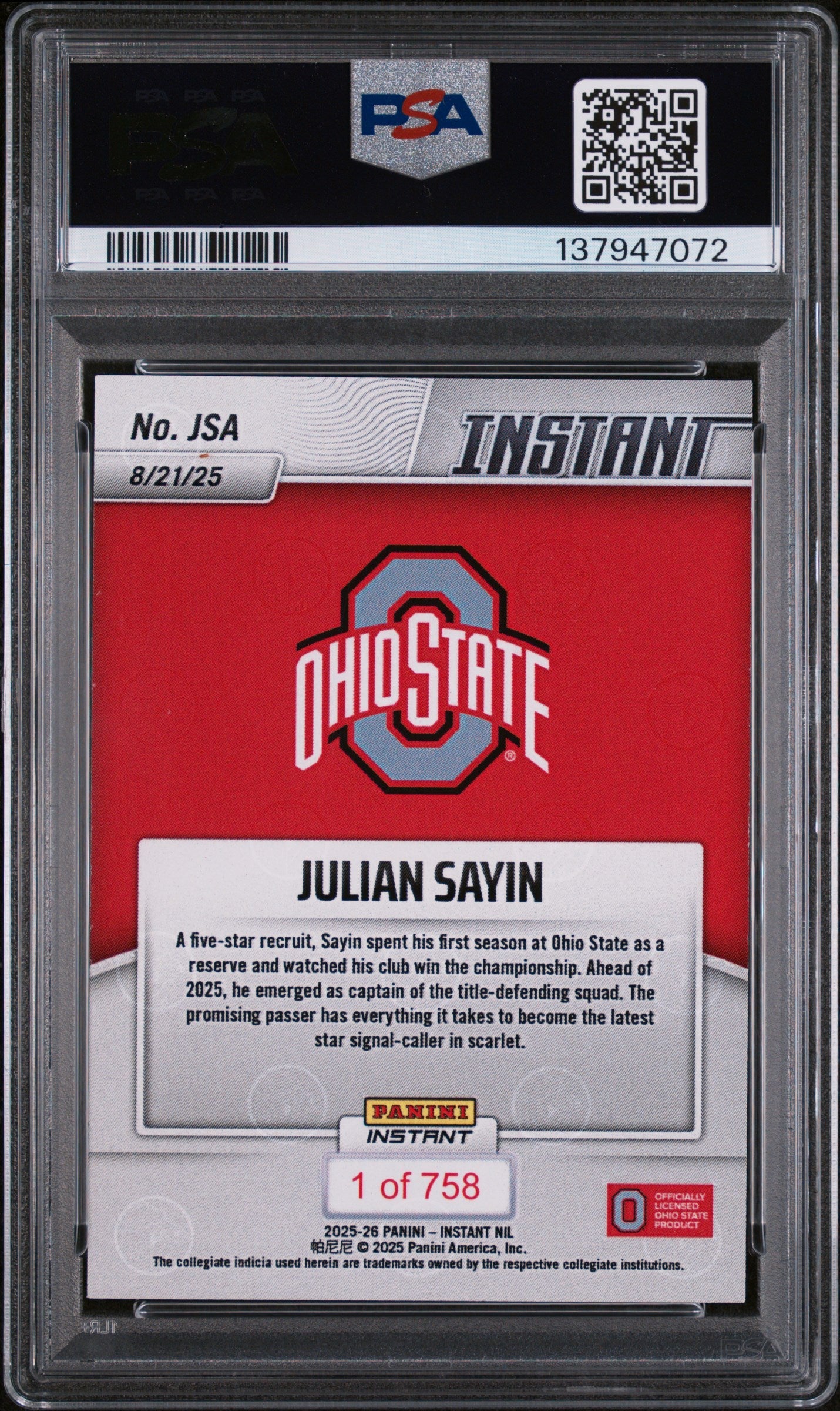 Graded 2025 Panini Instant NIL Julian Sayin #JSA Rookie RC Football Card PSA 10 Gem Mint - Image 2