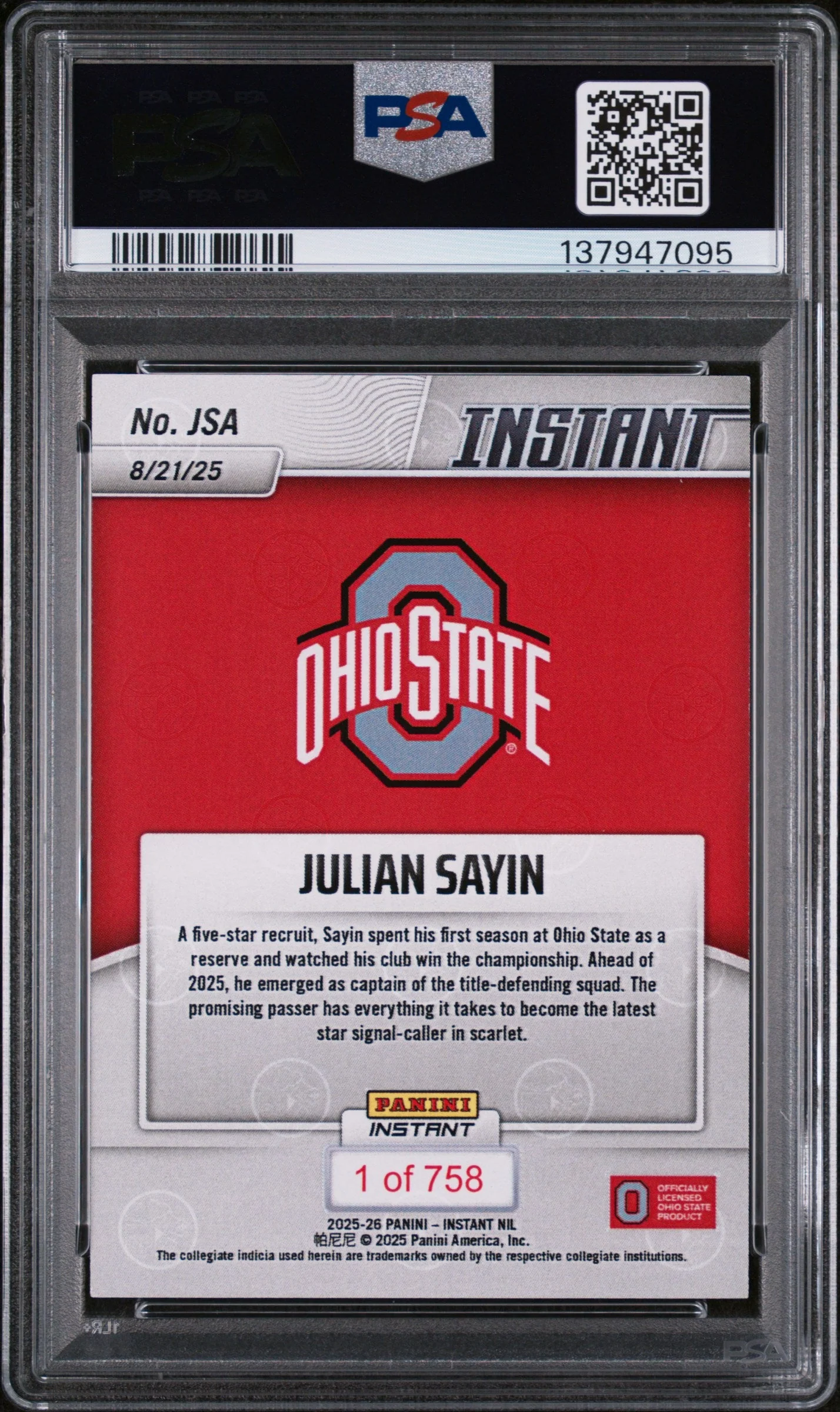 Graded 2025 Panini Instant NIL Julian Sayin #JSA Rookie RC Football Card PSA 8 Near Mint - Image 2