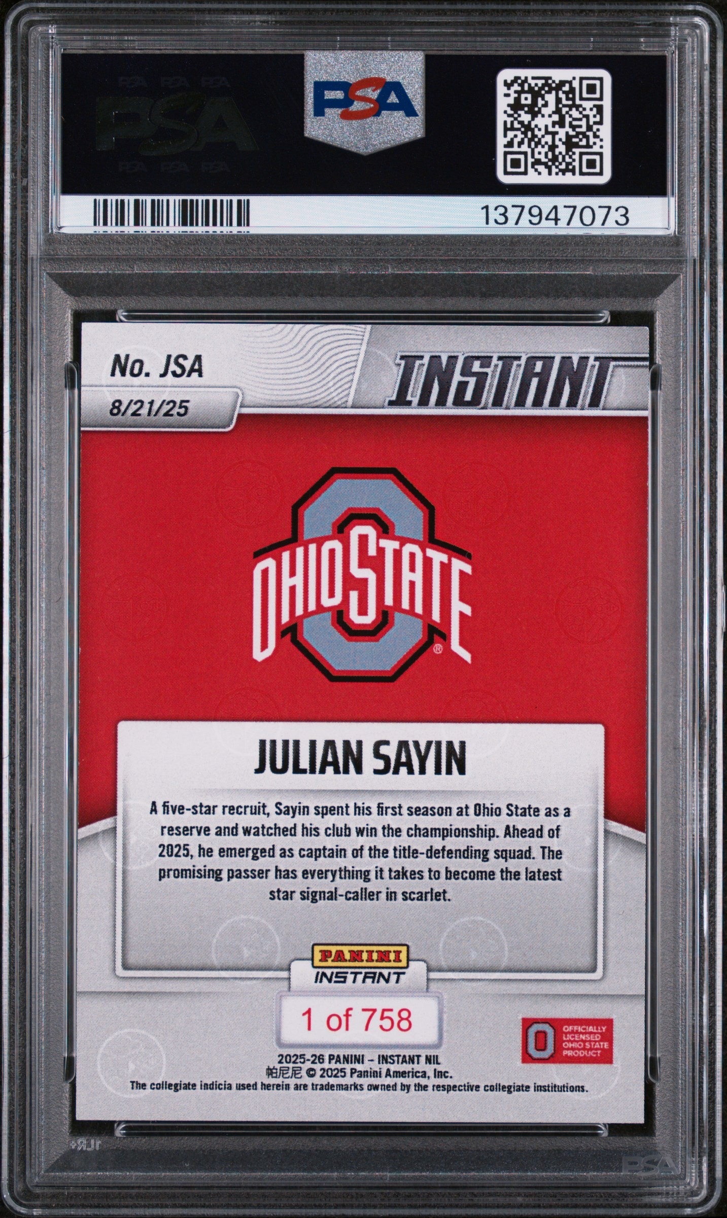 Graded 2025 Panini Instant NIL Julian Sayin #JSA Rookie RC Football Card PSA 9 Mint - Image 2