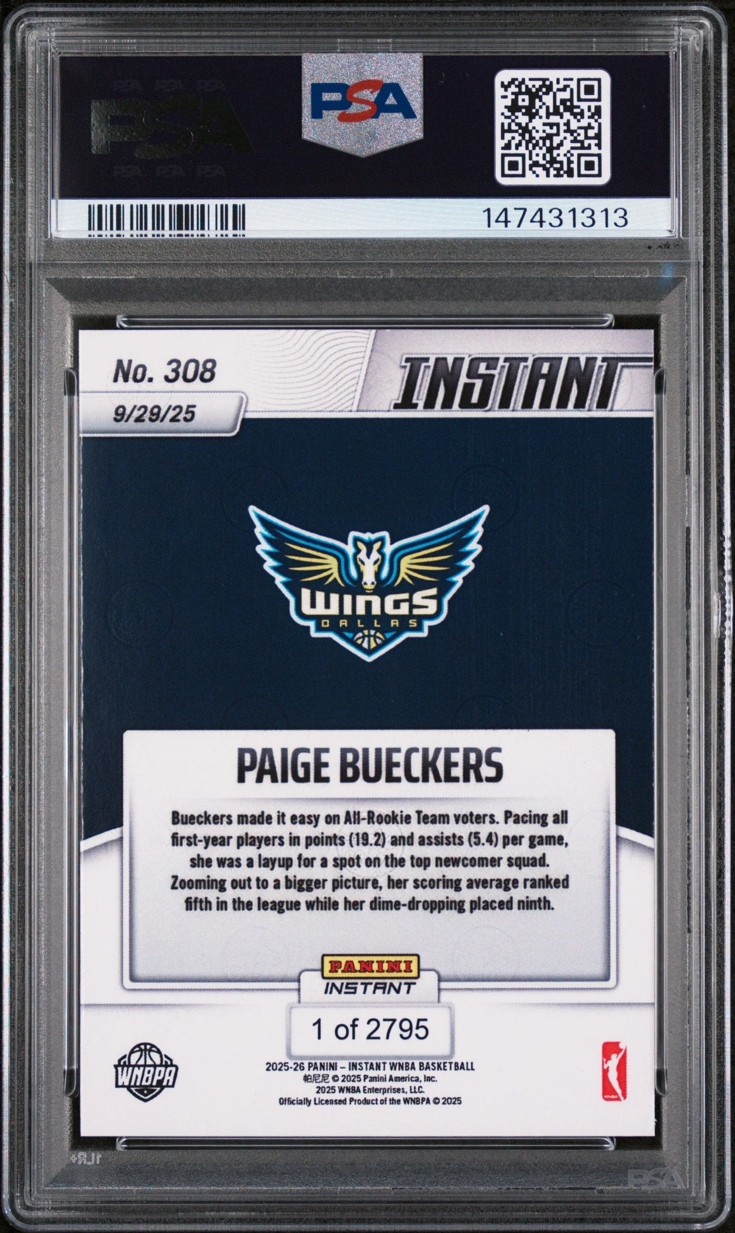 Graded 2025 Panini Instant Paige Bueckers #308 Rookie RC Basketball Card PSA 10 Gem Mint - Image 2