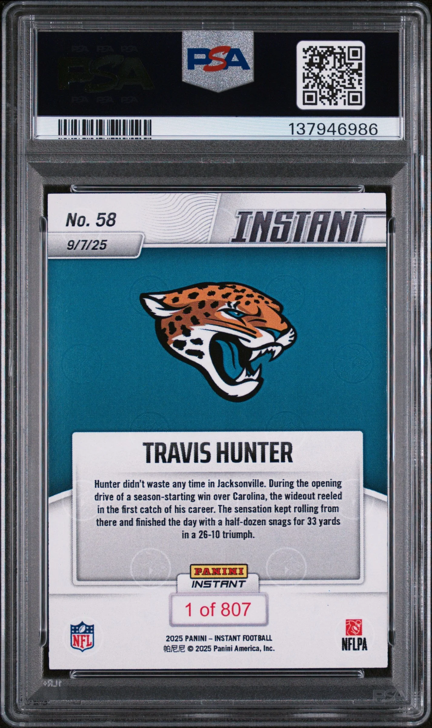 Graded 2025 Panini Instant Travis Hunter #58 Rookie RC Football Card PSA 8 Near Mint - Image 2