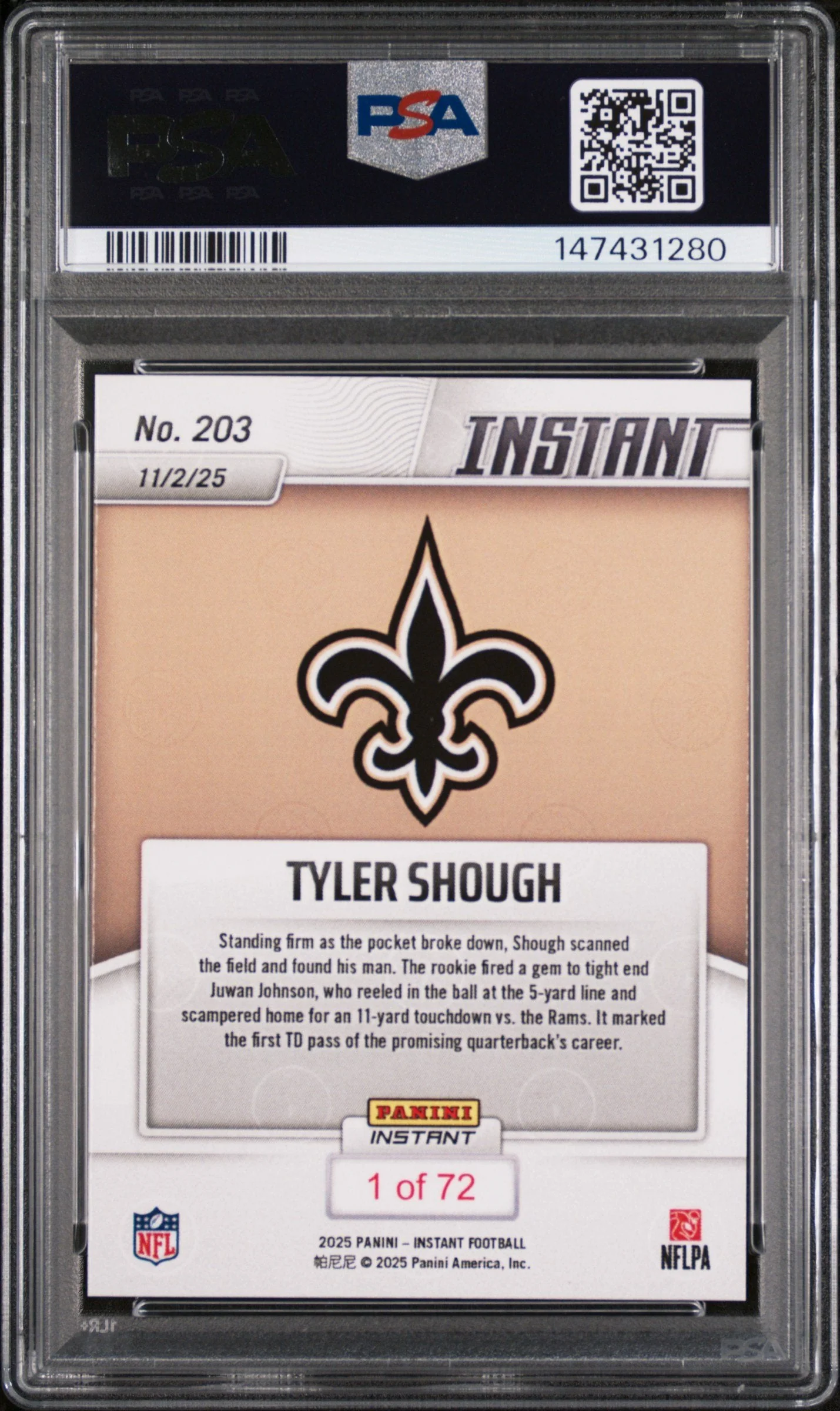 Graded 2025 Panini Instant Tyler Shough #203 Rookie RC Football Card PSA 10 Gem Mint - Image 2