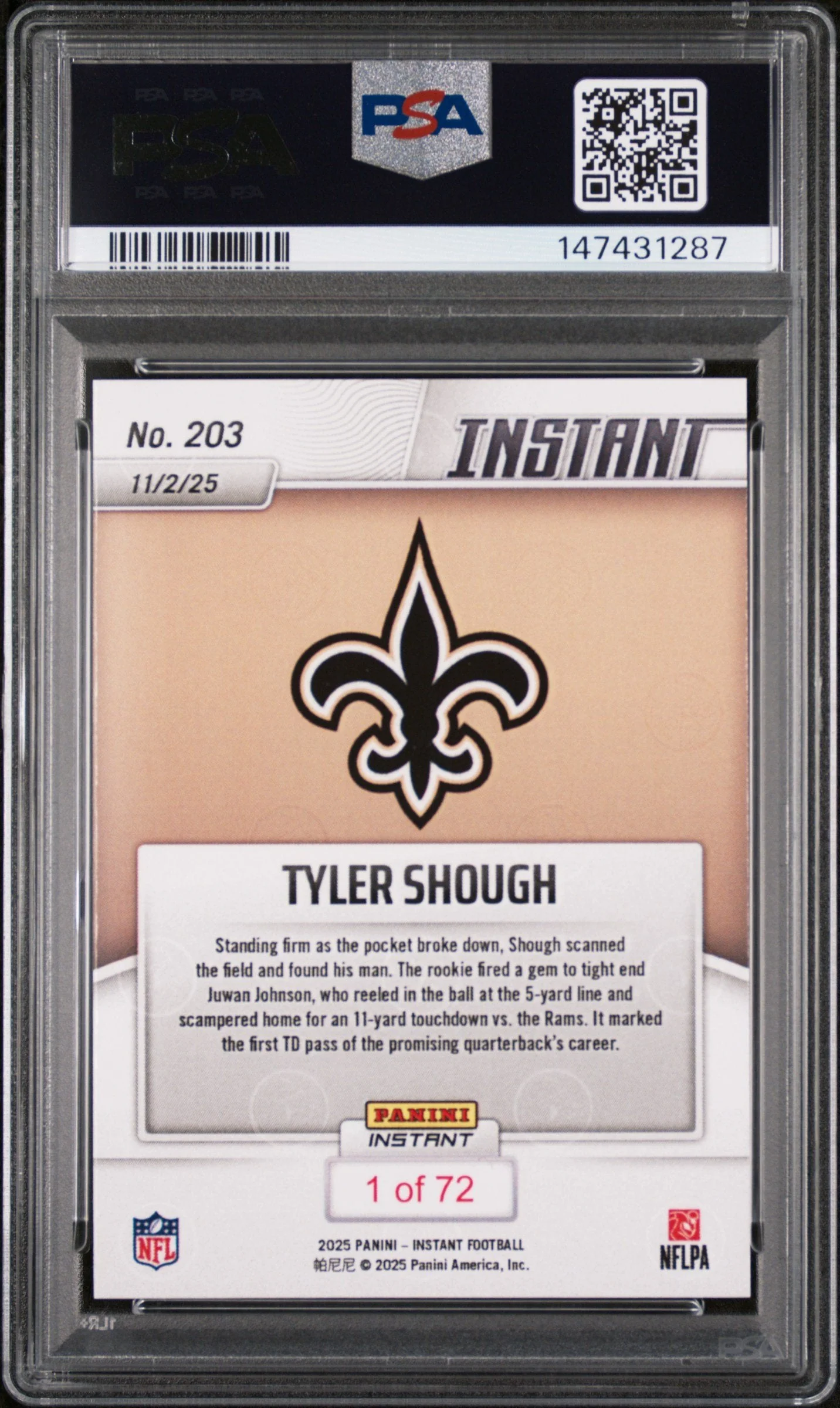 Graded 2025 Panini Instant Tyler Shough #203 Rookie RC Football Card PSA 9 Mint - Image 2