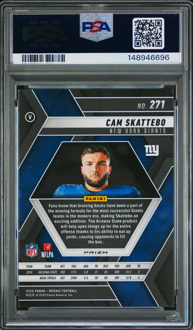 Graded 2025 Panini Mosaic Cam Skattebo #271 Red Camo Rookie RC Football Card PSA 10 Gem Mint - Image 2