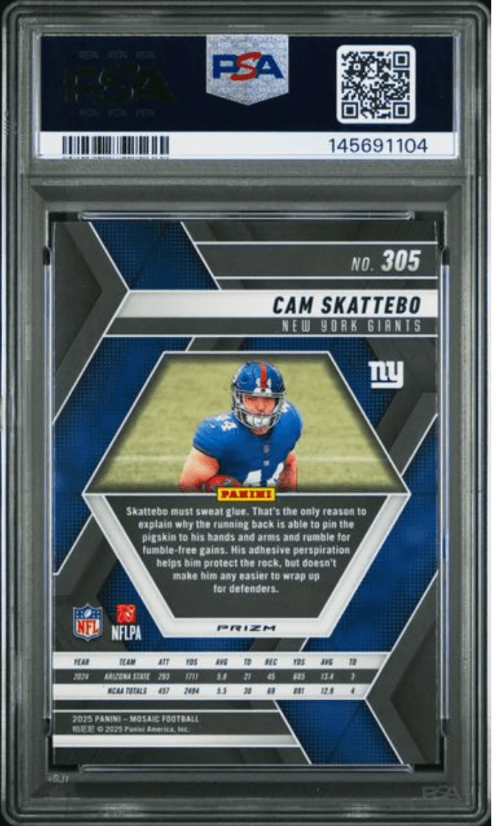 Graded 2025 Panini Mosaic Cam Skattebo #305 Reactive Purple Rookie RC Football Card PSA 10 Gem Mint - Image 2