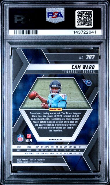 Graded 2025 Panini Mosaic Cam Ward #382 Silver No Huddle Rookie RC Football Card PSA 10 Gem Mint - Image 2