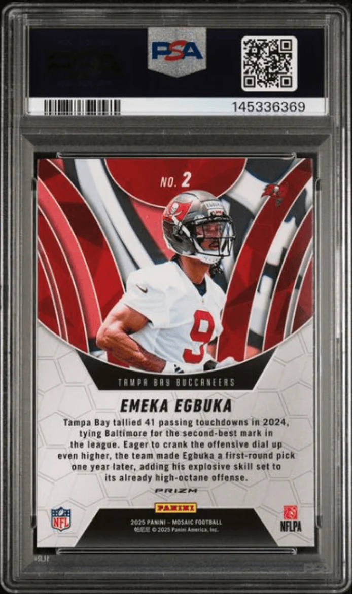 Graded 2025 Panini Mosaic Emeka Egbuka #2 Elevate Orange Fluorescent Rookie RC Football Card PSA 10 Gem Mint - Image 2