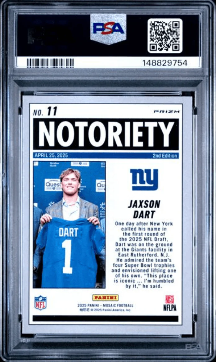 Graded 2025 Panini Mosaic Jaxson Dart #11 Notoriety Green Rookie RC Football Card PSA 10 Gem Mint - Image 2