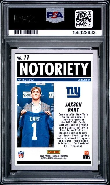 Graded 2025 Panini Mosaic Jaxson Dart #11 Notoriety Mosaic Rookie RC Football Card PSA 10 Gem Mint - Image 2