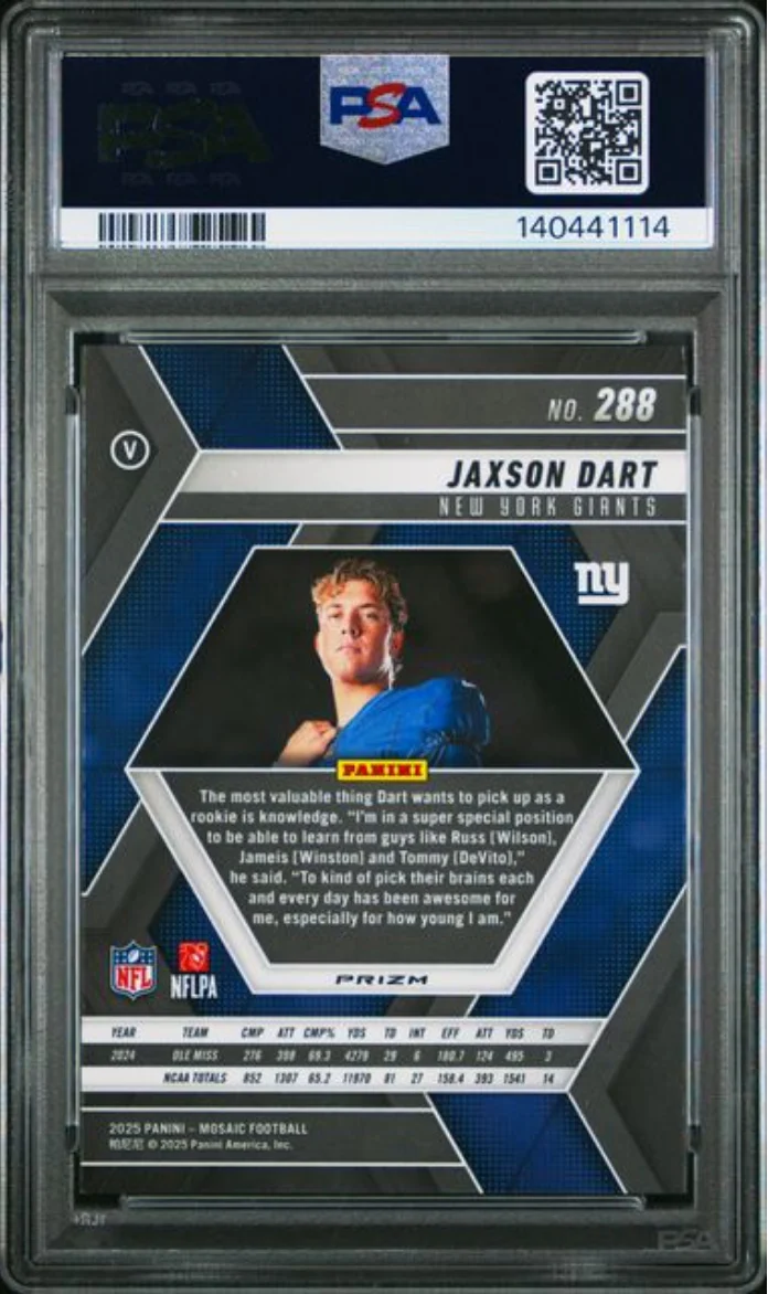 Graded 2025 Panini Mosaic Jaxson Dart #288 Silver Rookie RC Football Card PSA 10 Gem Mint - Image 2