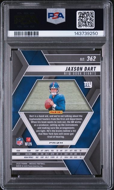 Graded 2025 Panini Mosaic Jaxson Dart #362 Purple Scope Rookie RC Football Card PSA 10 Gem Mint - Image 2