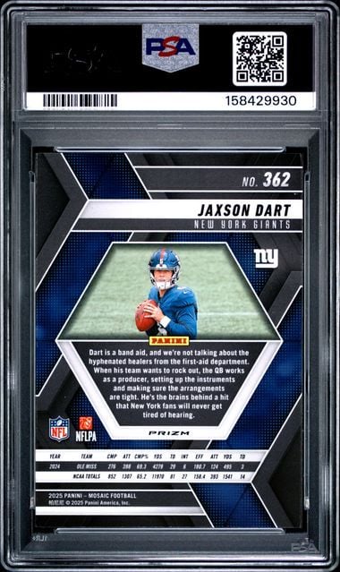 Graded 2025 Panini Mosaic Jaxson Dart #362 Reactive Blue Rookie RC Football Card PSA 10 Gem Mint - Image 2