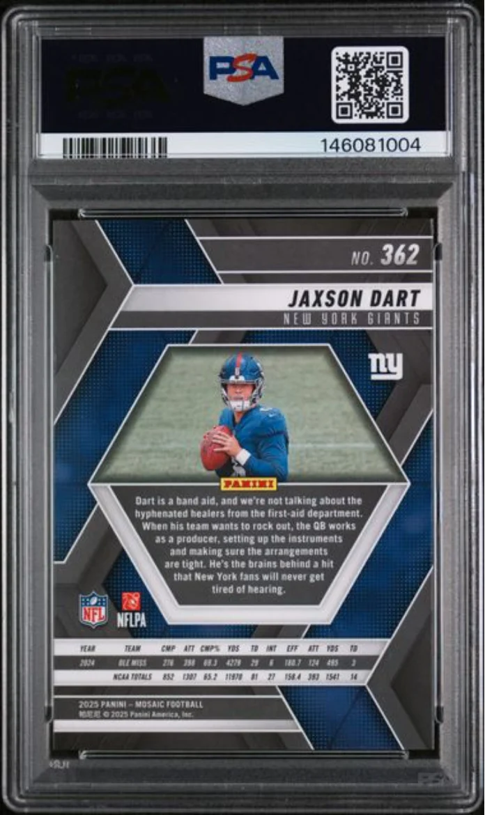 Graded 2025 Panini Mosaic Jaxson Dart #362 Rookie RC Football Card PSA 10 Gem Mint - Image 2