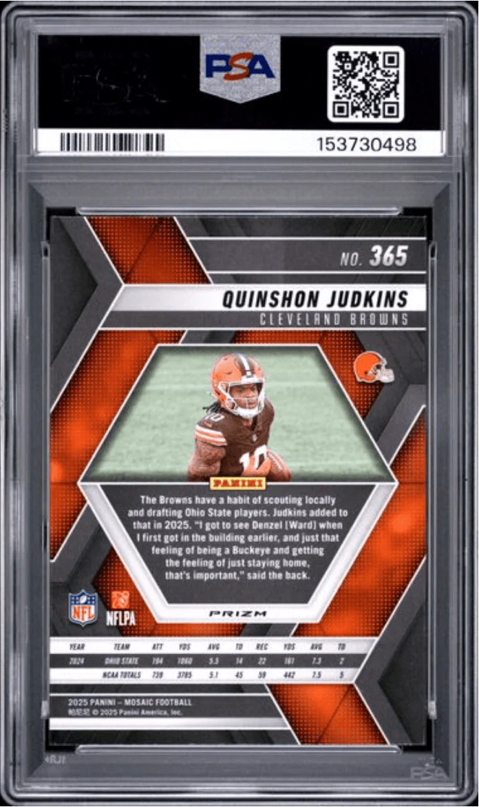 Graded 2025 Panini Mosaic Quinshon Judkins #365 Green Rookie RC Football Card PSA 10 Gem Mint - Image 2