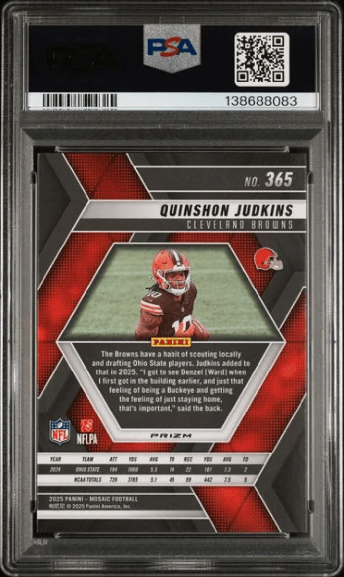 Graded 2025 Panini Mosaic Quinshon Judkins #365 Red & White Stripe Rookie RC Football Card PSA 10 Gem Mint - Image 2