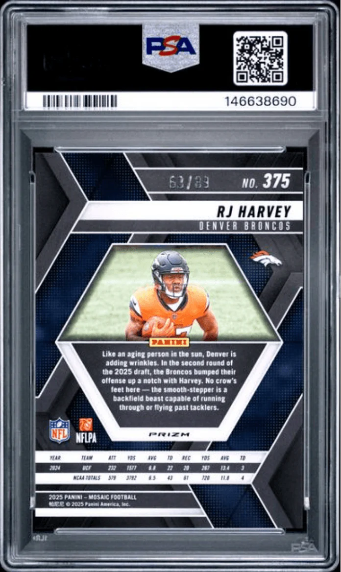 Graded 2025 Panini Mosaic RJ Harvey #375 Fushion Red & Yellow Choice /89 Rookie RC Football Card PSA 10 Gem Mint - Image 2