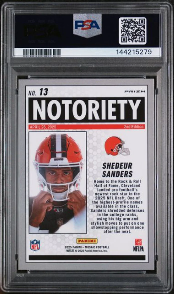 Graded 2025 Panini Mosaic Shedeur Sanders #13 Notoriety Green Rookie RC Football Card PSA 10 Gem Mint - Image 2