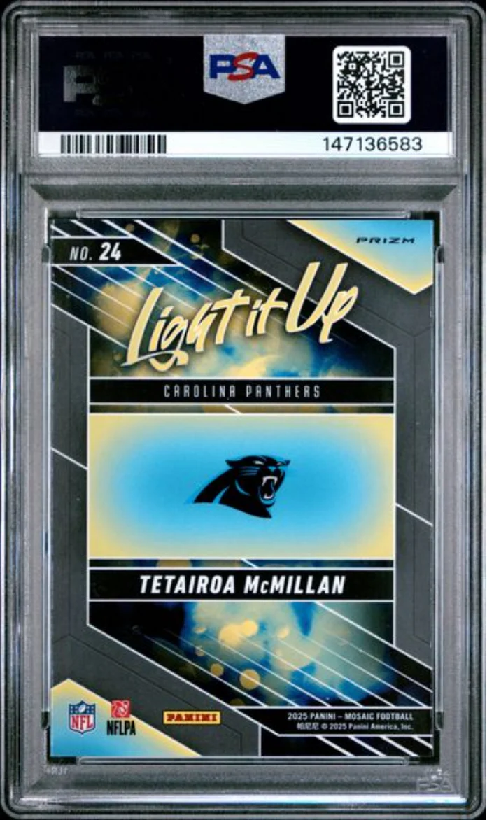 Graded 2025 Panini Mosaic Tetairoa McMillan #24 Light It Up Mosaic Rookie RC Football Card PSA 10 Gem Mint - Image 2