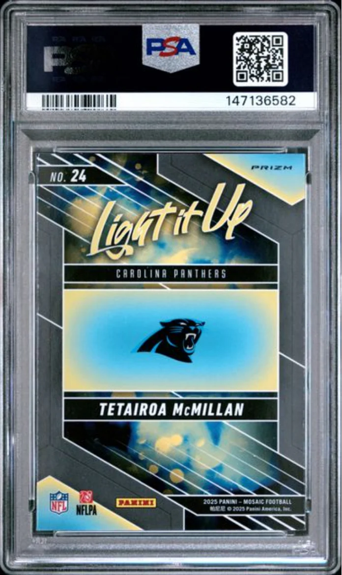 Graded 2025 Panini Mosaic Tetairoa McMillan #24 Light It Up Silver Rookie RC Football Card PSA 10 Gem Mint - Image 2