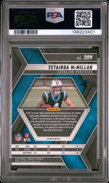 Graded 2025 Panini Mosaic Tetairoa McMillan #309 Purple Scope Rookie RC Football Card PSA 10 Gem Mint - Image 2