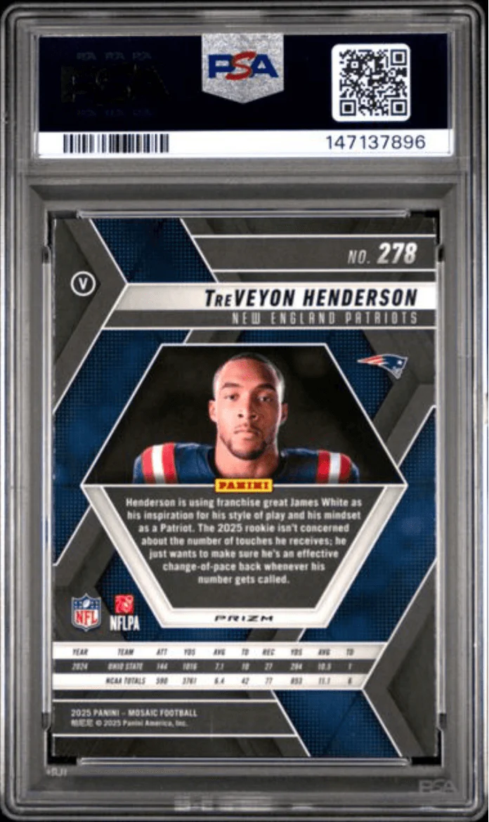 Graded 2025 Panini Mosaic TreVeyon Henderson #278 Mosaic Rookie RC Football Card PSA 10 Gem Mint - Image 2
