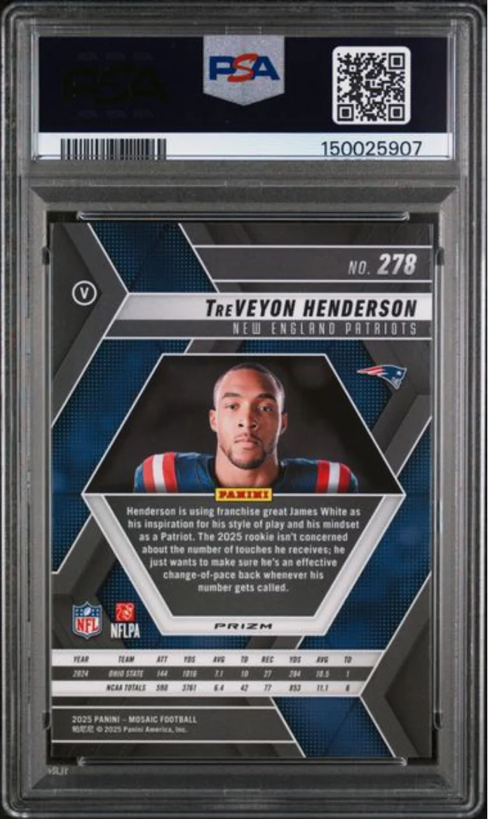 Graded 2025 Panini Mosaic TreVeyon Henderson #278 Reactive Purple Rookie RC Football Card PSA 10 Gem Mint - Image 2