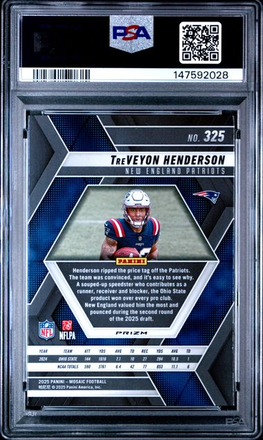 Graded 2025 Panini Mosaic TreVeyon Henderson #325 Reactive Yellow Rookie RC Football Card PSA 10 Gem Mint - Image 2