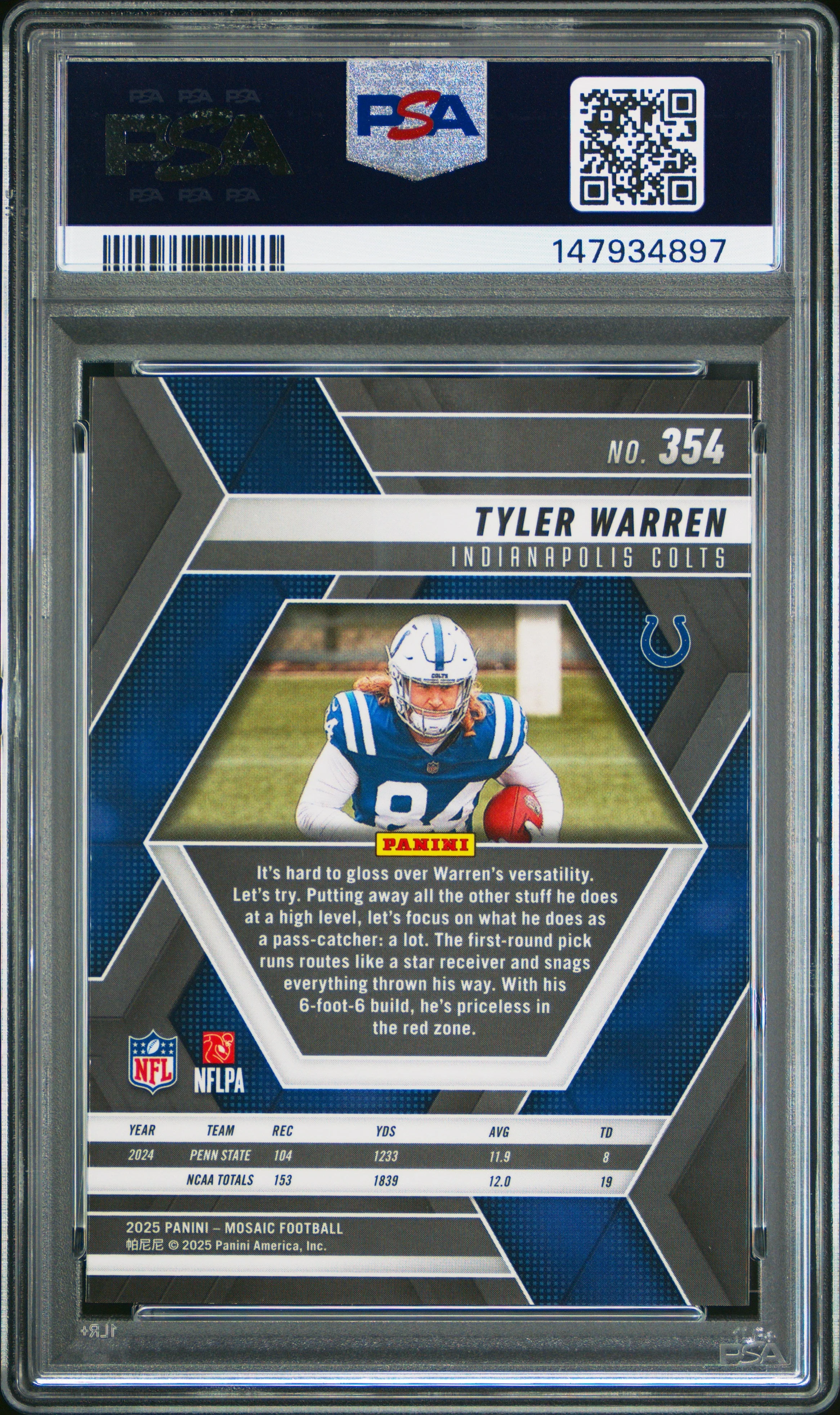 Graded 2025 Panini Mosaic Tyler Warren #354 Rookie RC Football Card PSA 10 Gem Mint - Image 2