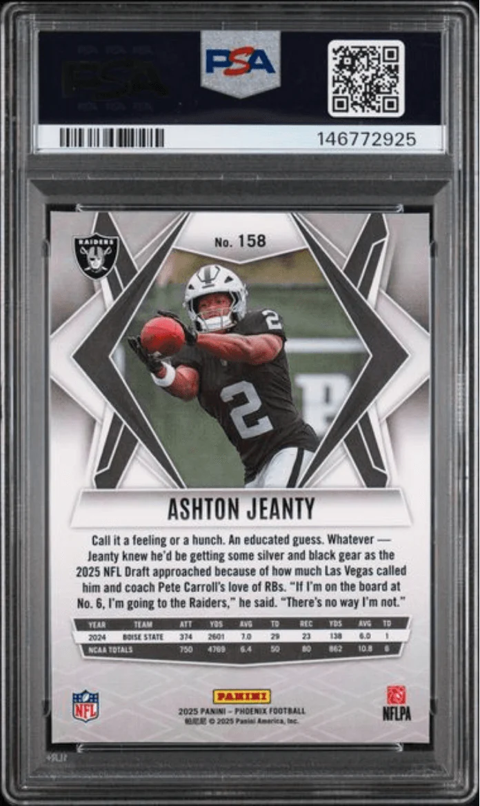 Graded 2025 Panini Phoenix Ashton Jeanty #158 Silver Pyramids Rookie RC Football Card PSA 10 Gem Mint - Image 2