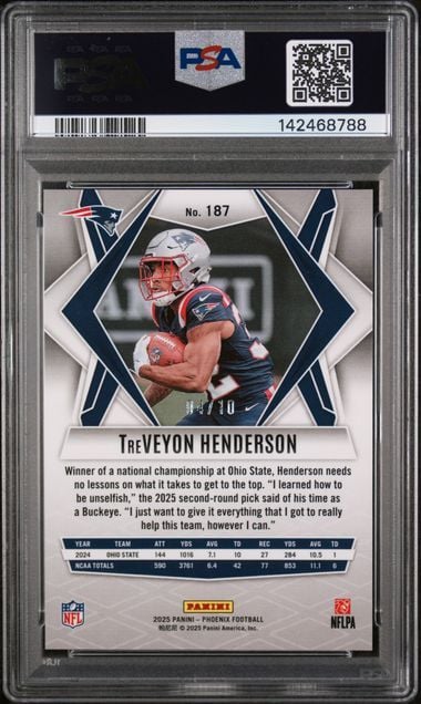 Graded 2025 Panini Phoenix TreVeyon Henderson #187 /10 Colorburst Rookie RC Football Card PSA 10 Gem Mint - Image 2