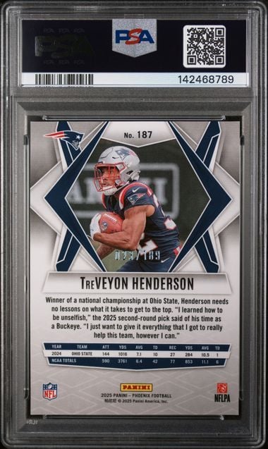 Graded 2025 Panini Phoenix TreVeyon Henderson #187 /189 Orange Pandora Rookie RC Football Card PSA 10 Gem Mint - Image 2