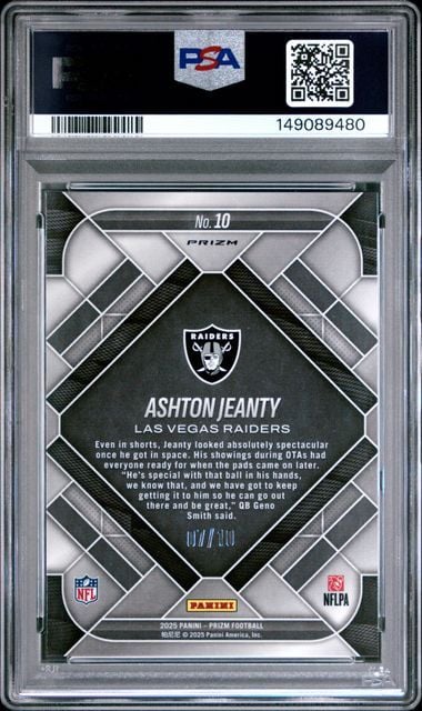 Graded 2025 Panini Prizm Ashton Jeanty #10 /10 Emergent Gold Prizm Rookie RC Football Card PSA 10 Gem Mint - Image 2