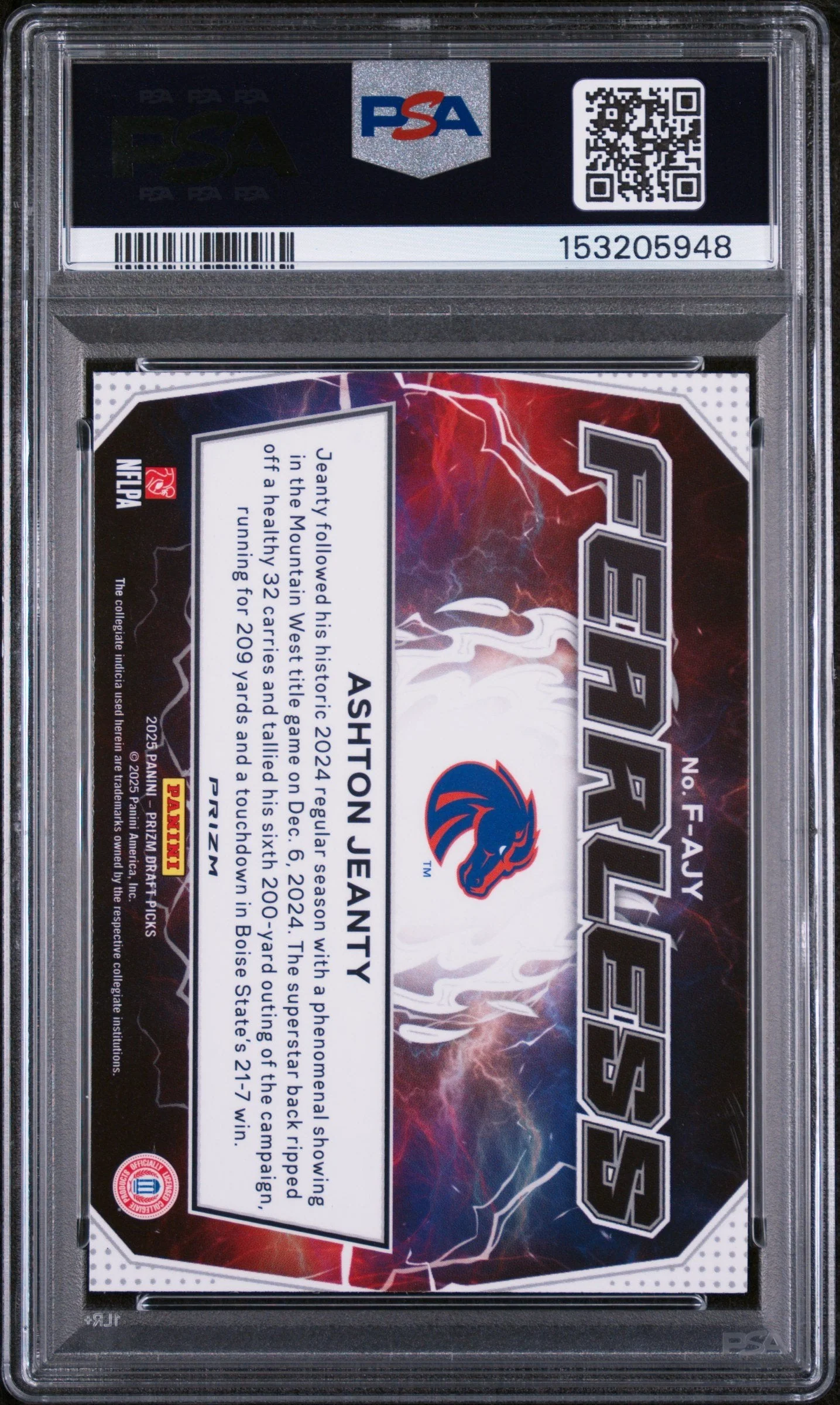 Graded 2025 Panini Prizm Draft Picks Ashton Jeanty #F-AJY Fearless Green Rookie RC Football Card PSA 10 Gem Mint - Image 2