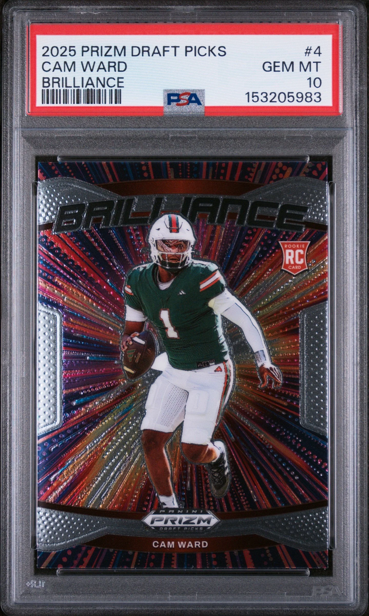 Graded 2025 Panini Prizm Draft Picks Cam Ward #4 Brilliance Rookie RC Football Card PSA 10 Gem Mint