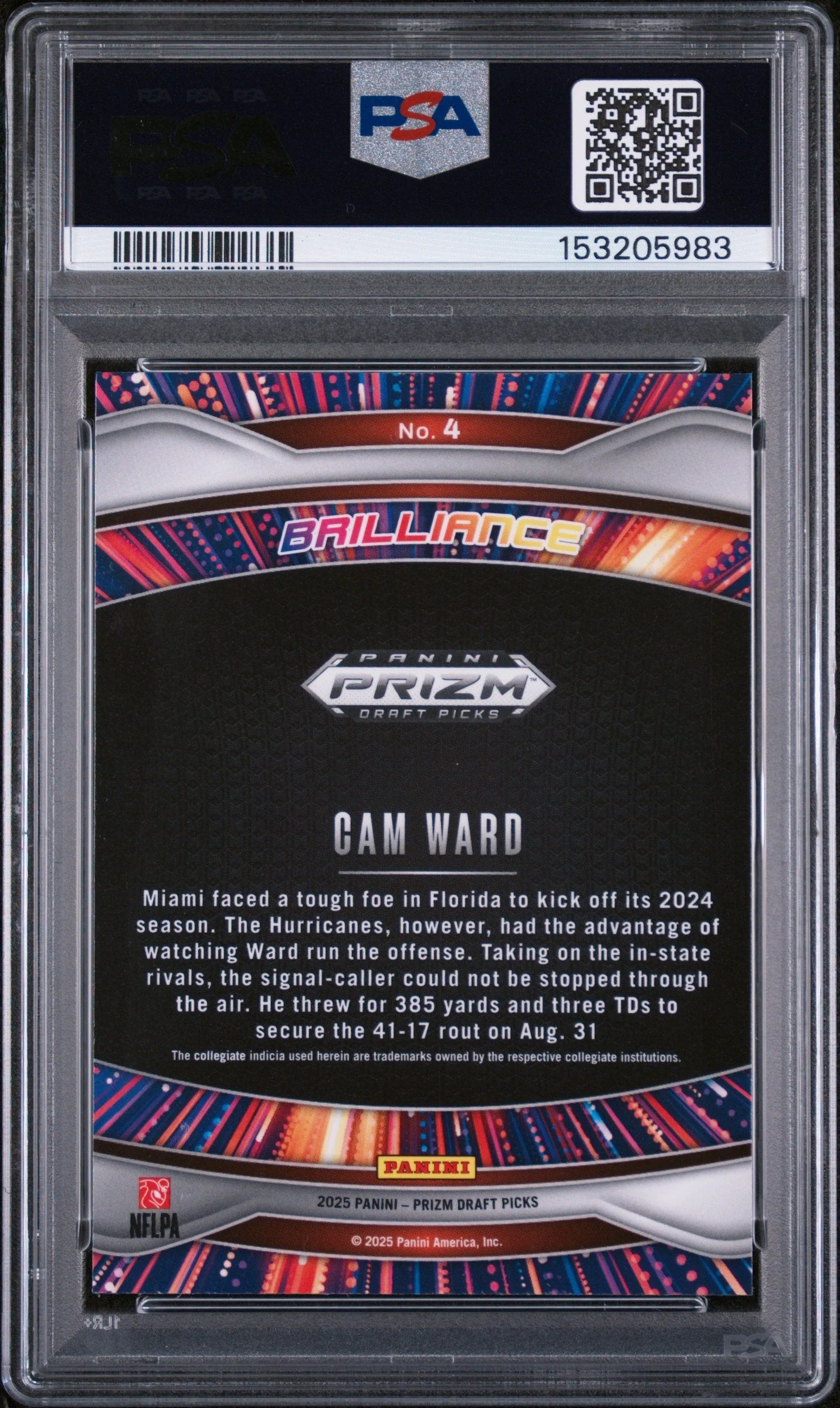 Graded 2025 Panini Prizm Draft Picks Cam Ward #4 Brilliance Rookie RC Football Card PSA 10 Gem Mint - Image 2