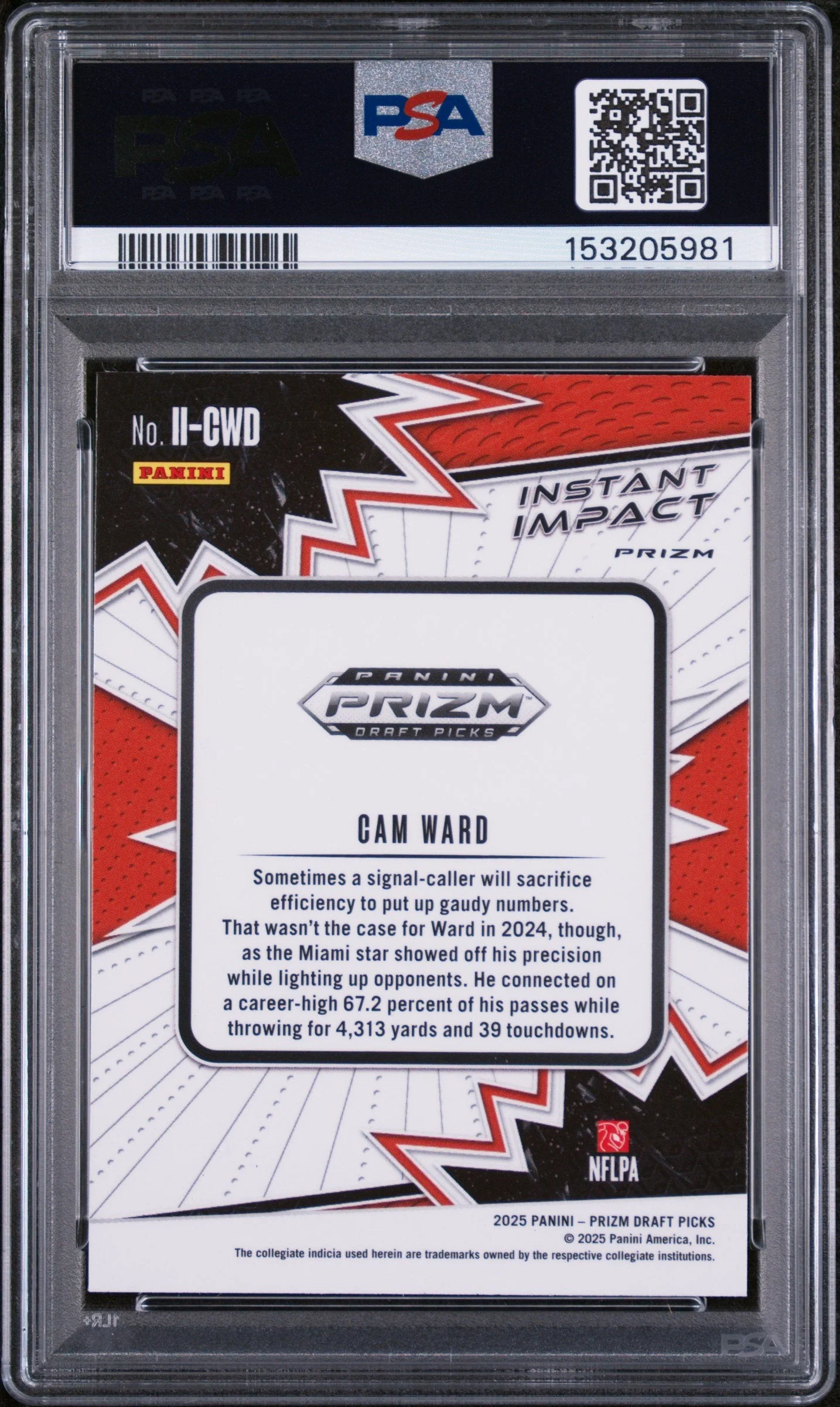 Graded 2025 Panini Prizm Draft Picks Cam Ward #IICWD Instant Impact Green Rookie RC Football Card PSA 10 Gem Mint - Image 2