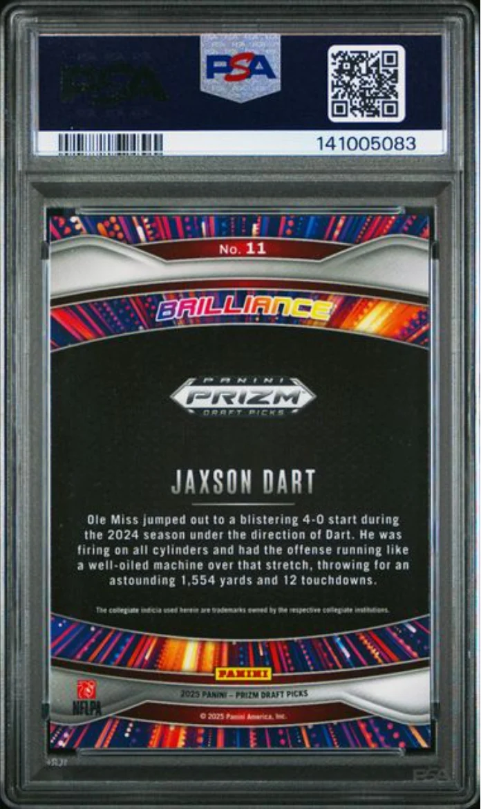 Graded 2025 Panini Prizm Draft Picks Jaxson Dart #11 Brilliance Rookie RC Football Card PSA 10 Gem Mint - Image 2