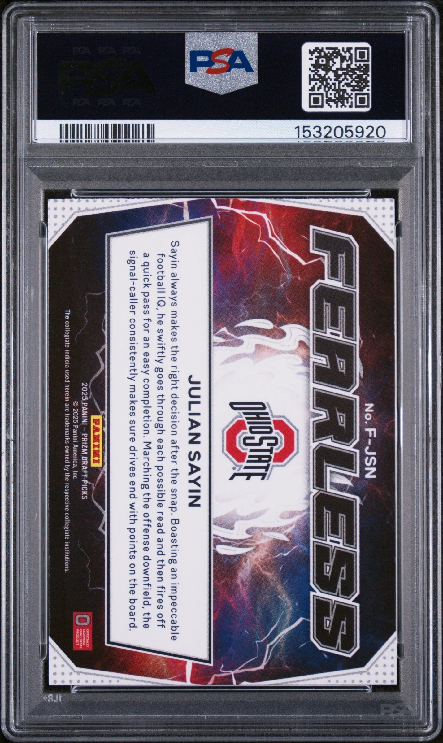 Graded 2025 Panini Prizm Draft Picks Julian Sayin #F-JSN Fearless Rookie RC Football Card PSA 10 Gem Mint - Image 2