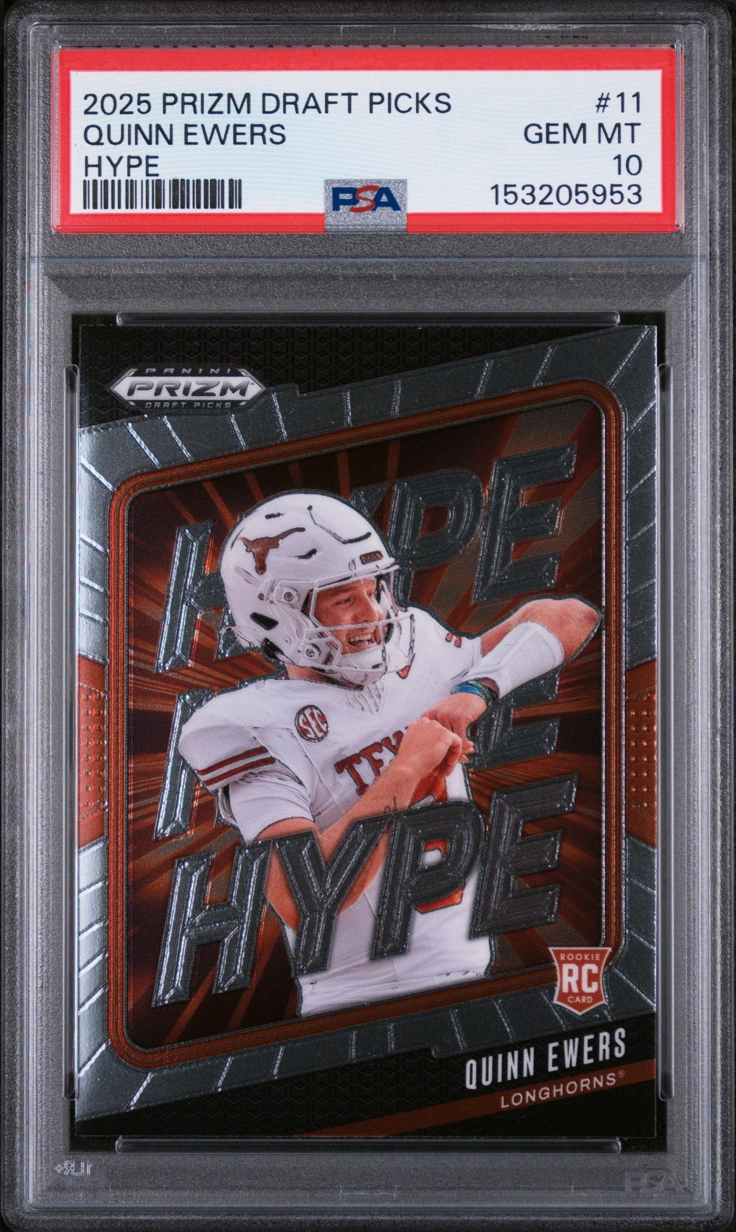 Graded 2025 Panini Prizm Draft Picks Quinn Ewers #11 Hype Rookie RC Football Card PSA 10 Gem Mint
