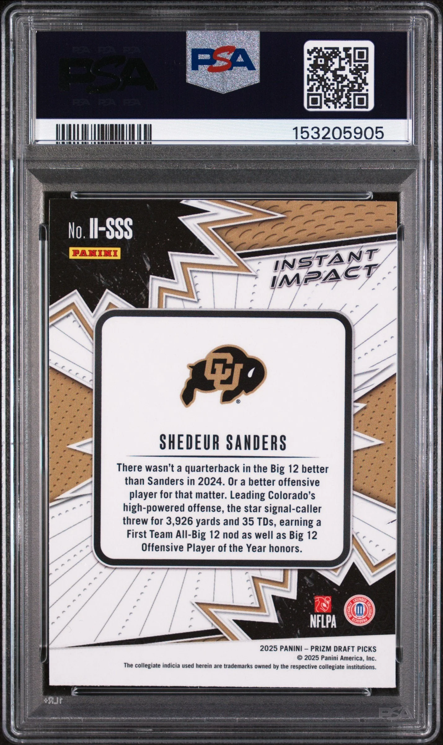 Graded 2025 Panini Prizm Draft Picks Shedeur Sanders #II-SSS Instant Impact Rookie RC Football Card PSA 9 Mint - Image 2
