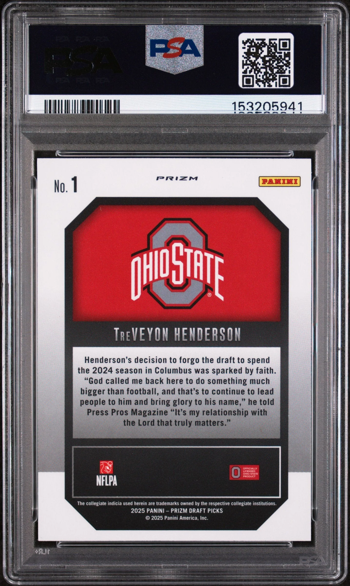 Graded 2025 Panini Prizm Draft Picks TreVeyon Henderson #1 New Recruits Green Rookie RC Football Card PSA 10 Gem Mint - Image 2