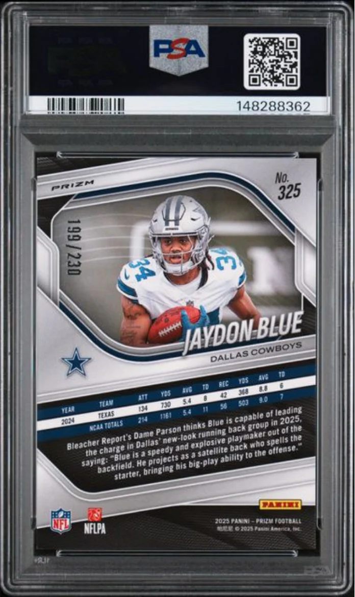 Graded 2025 Panini Prizm Jaydon Blue #325 Blue Wave /230 Rookie RC Football Card PSA 10 Gem Mint - Image 2