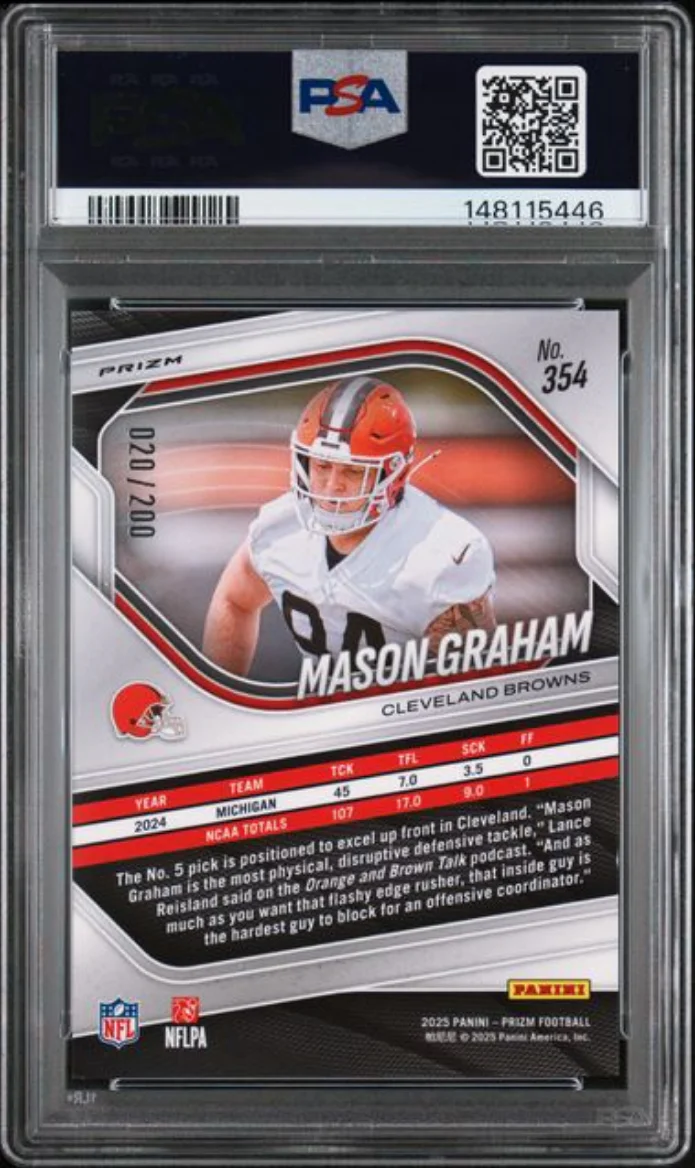 Graded 2025 Panini Prizm Mason Graham #354 Hyper Prizm /200 Rookie RC Football Card PSA 10 Gem Mint - Image 2