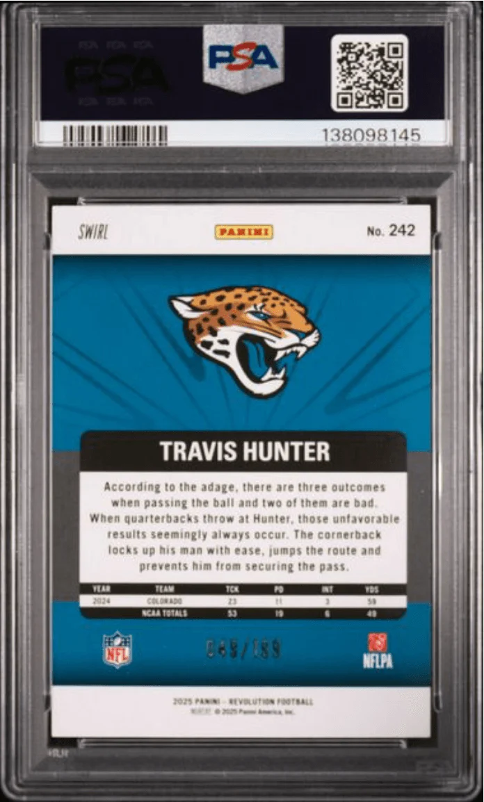 Graded 2025 Panini Revolution Travis Hunter #242 Green Swirl /199 Rookie RC Football Card PSA 10 Gem Mint - Image 2