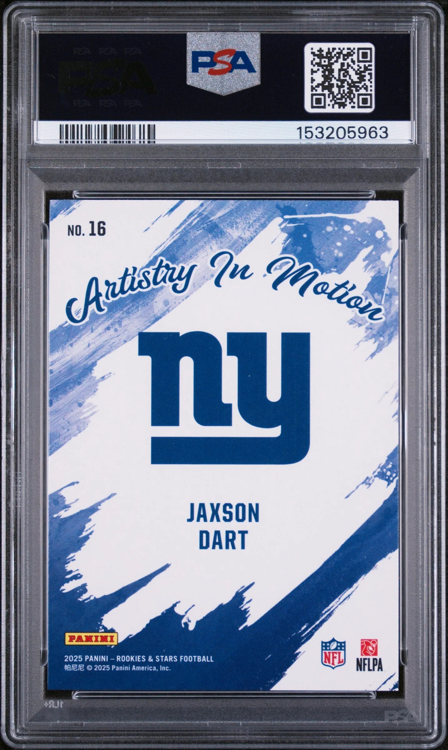 Graded 2025 Panini Rookies & Stars Jaxson Dart #16 Artistry in Motion Rookie RC Football Card PSA 10 Gem Mint - Image 2