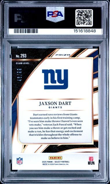 Graded 2025 Panini Select Jaxson Dart #293 /99 Blue Prizm Rookie RC Football Card PSA 10 Gem Mint - Image 2