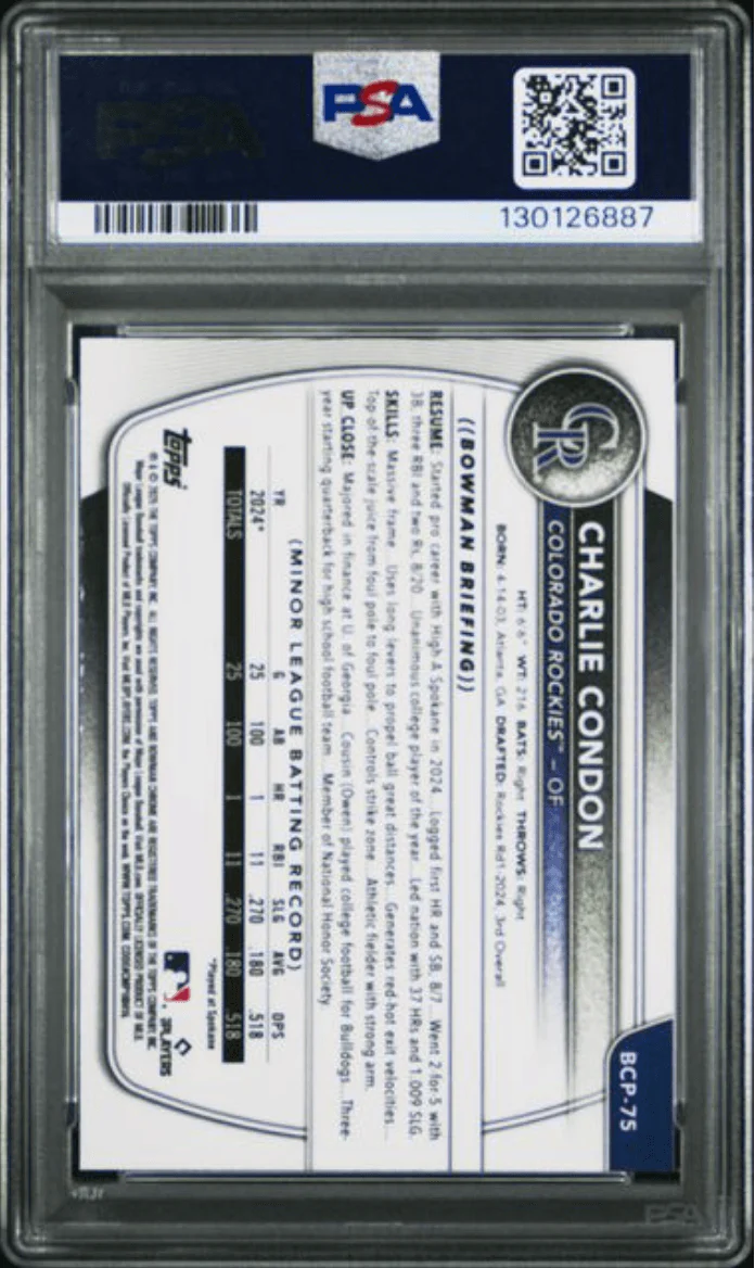 Graded 2025 Topps Bowman Charlie Condon #BCP75 Chrome Prospects Fuchsia Wave /199 Rookie RC Baseball Card PSA 10 Gem Mint - Image 2