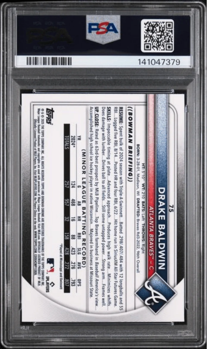 Graded 2025 Topps Bowman Chrome Drake Baldwin #75 Rookie RC Baseball Card PSA 10 Gem Mint - Image 2